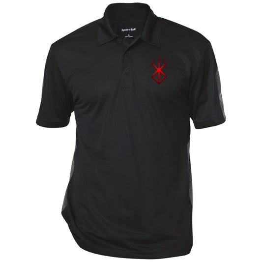 Black polo with brand of sacrifice on the left chest. Performance polo, perfect for out and about, 3 buttons 